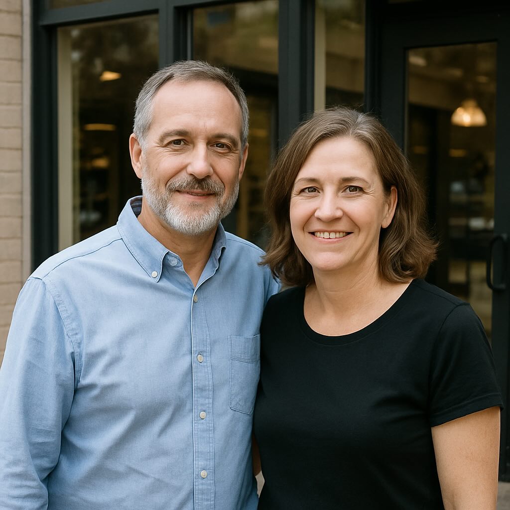 A middle-aged white couple stands smiling outside their small business storefront, with large glass windows and warm lighting visible inside.