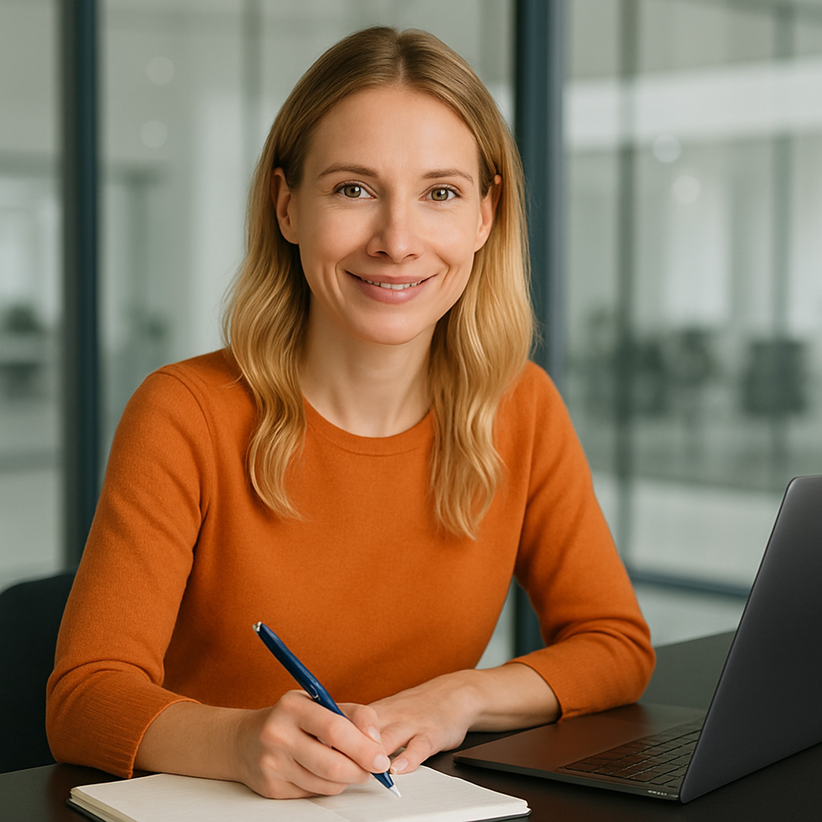 Smiling professional in an orange sweater writing in a notebook beside a laptop in a glass-walled office.