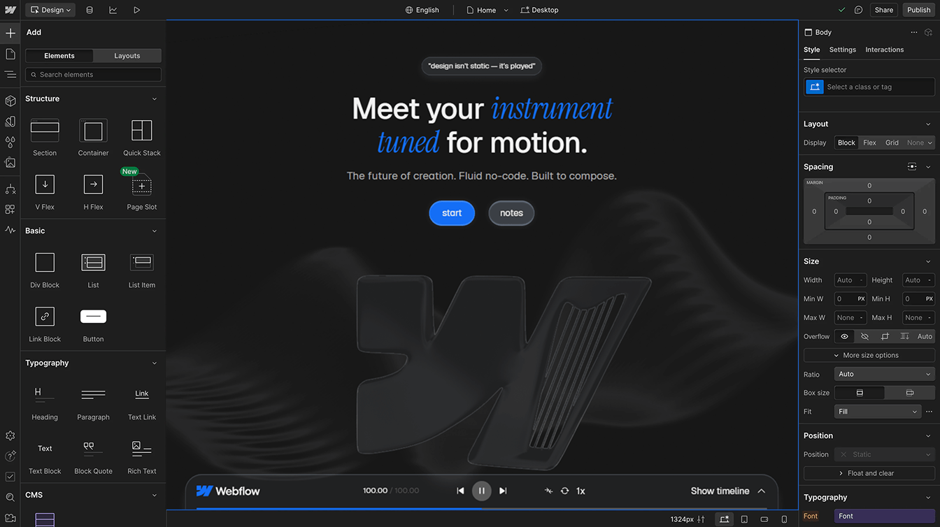 This website in Webflow design interface.