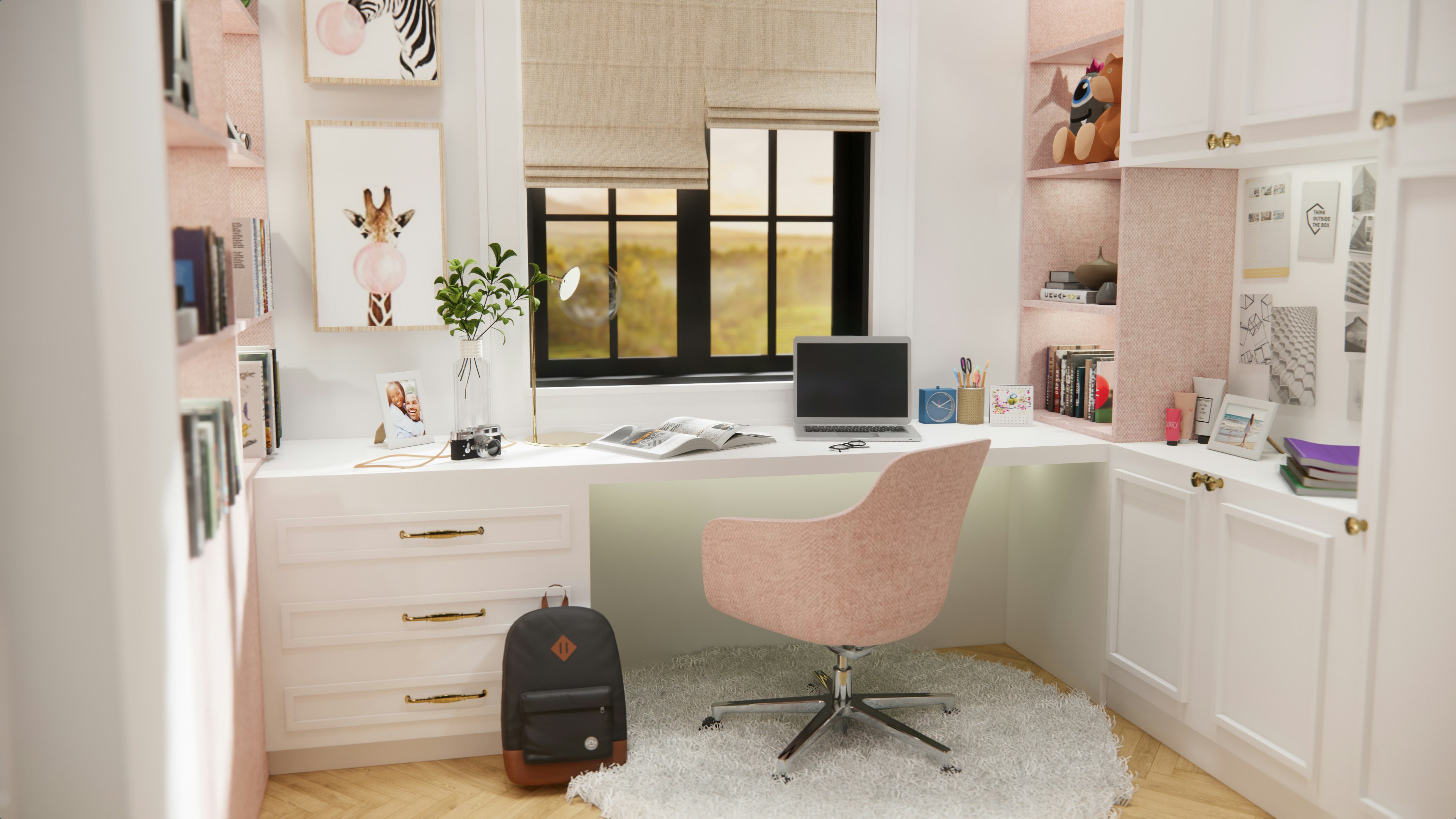 Cozy home office with pink chair, animal art, laptop, and shelves
