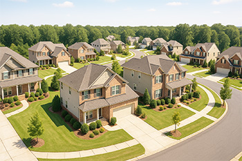 Aerial view of a suburban HOA neighborhood in Alpharetta, Georgia, featuring rows of two-story brick and siding homes with neatly manicured lawns, clean sidewalks, and winding streets bordered by trees.