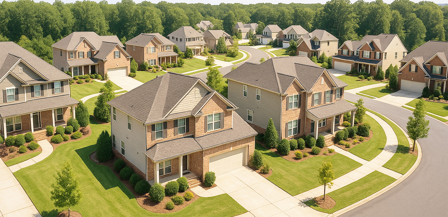 Aerial view of a suburban HOA neighborhood in Alpharetta, Georgia, featuring rows of two-story brick and siding homes with neatly manicured lawns, clean sidewalks, and winding streets bordered by trees.