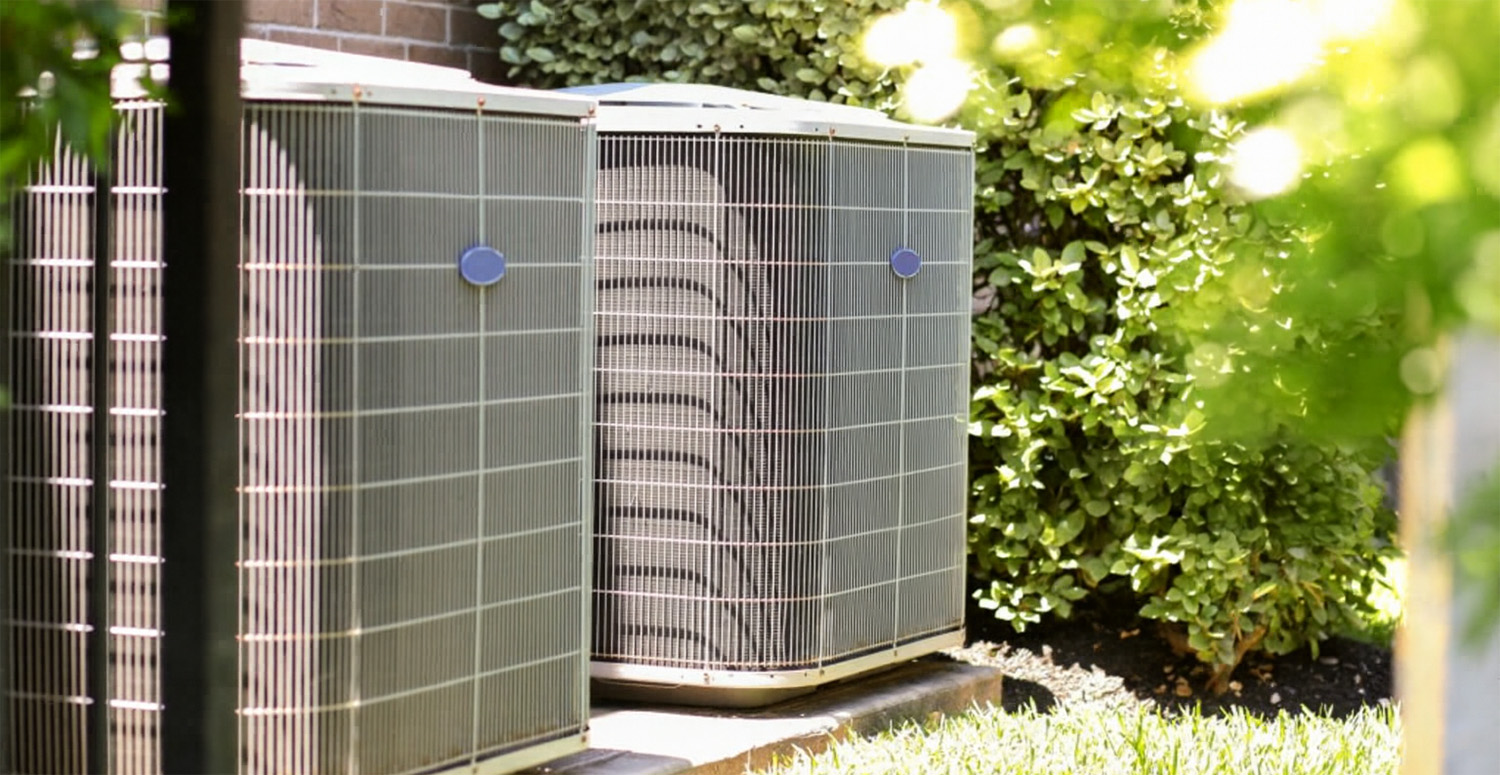 Two large outdoor central air conditioning units installed side by side on concrete pads next to a brick wall, surrounded by green shrubs and sunlight.