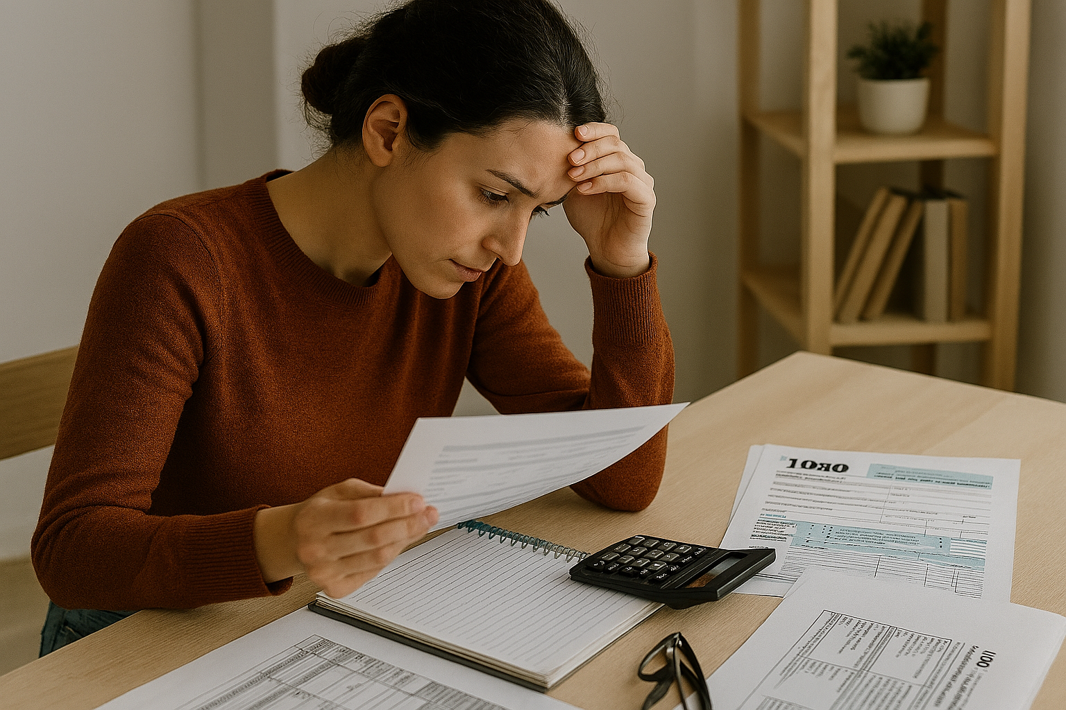 Small business owner reviewing financial paperwork during year‑end bookkeeping cleanup.