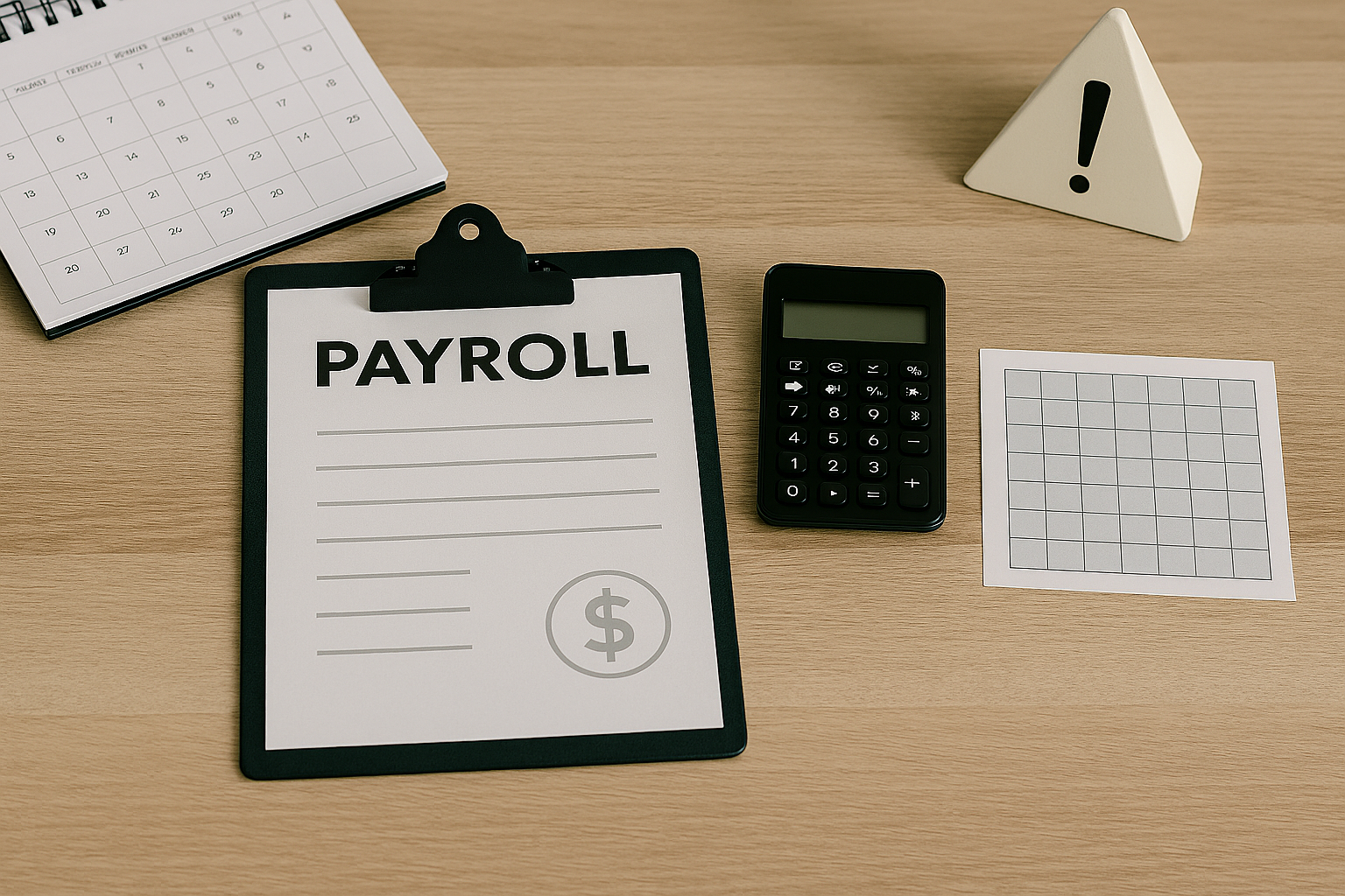 A realistic payroll-themed workspace showing a clipboard labeled “Payroll,” a calculator, a calendar page, and a caution symbol arranged on a wooden desk.