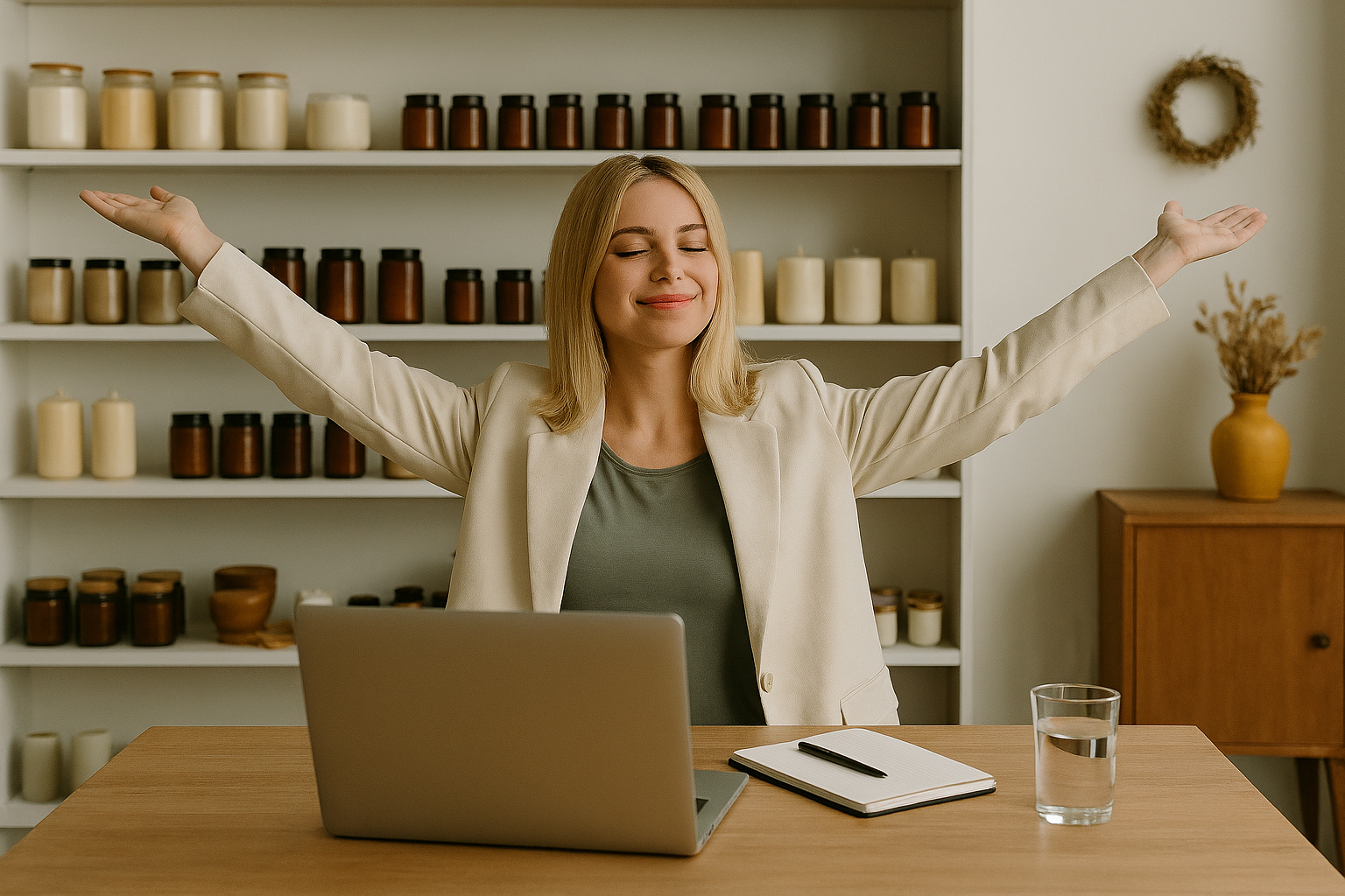 A blonde business owner sits at a wooden table inside her small candle shop, arms raised in relief and celebration. Shelves filled with handmade candles line the background, and a laptop, notebook, and glass of water sit on the table in front of her.