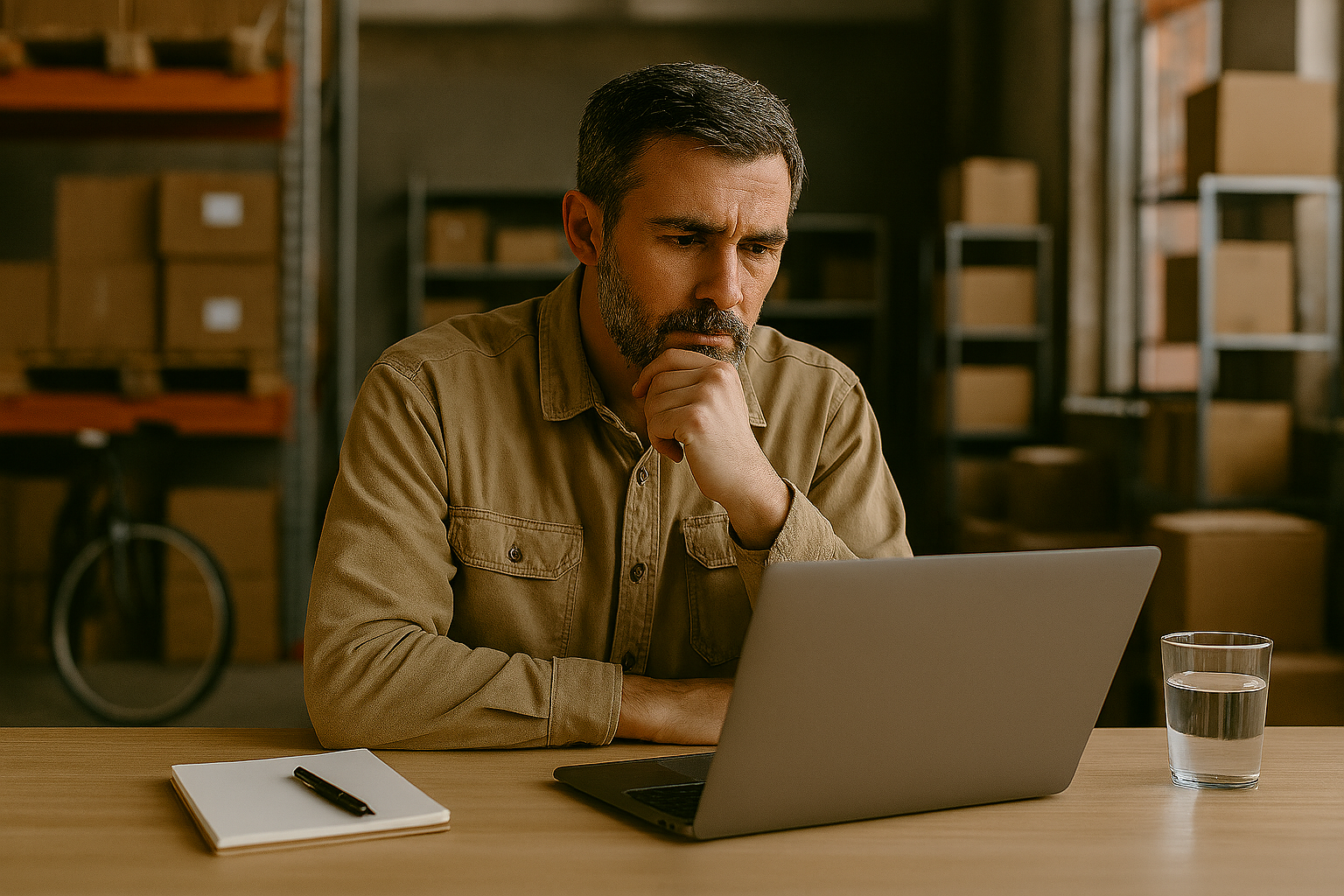A warehouse business owner sits at a desk in an industrial office, thinking as he works on a laptop. Cardboard boxes and metal shelving fill the background, and a notebook, pen, and glass of water sit on the table in front of him.