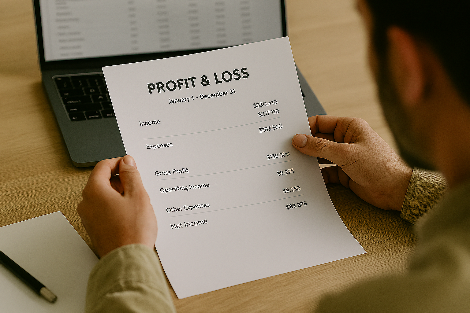 A person sits at a desk reviewing a printed profit and loss statement in front of an open laptop, holding the document with both hands as they analyze the financial figures.