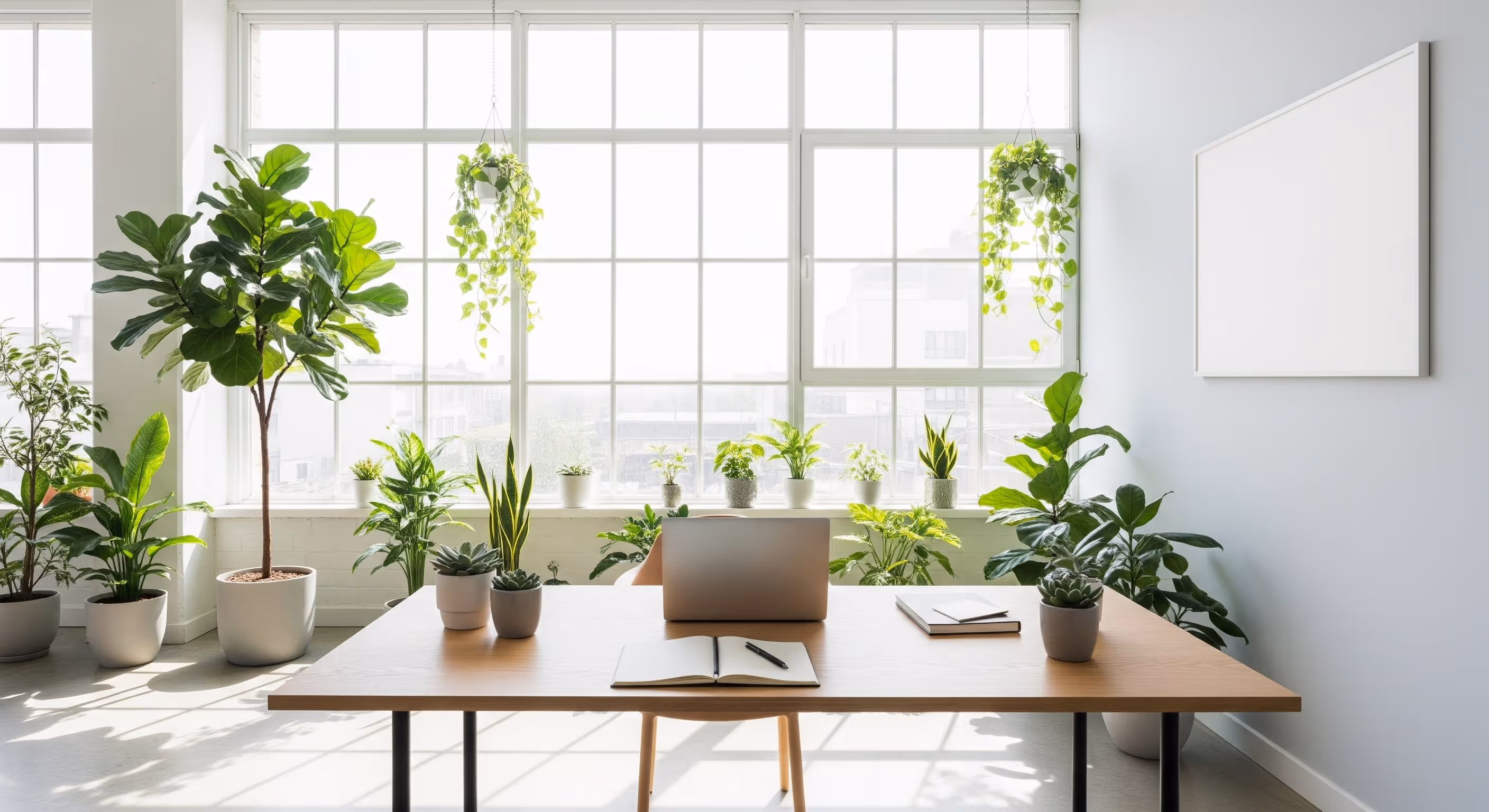 Bureau remplie de plantes avec des grandes vitres, illuminées
