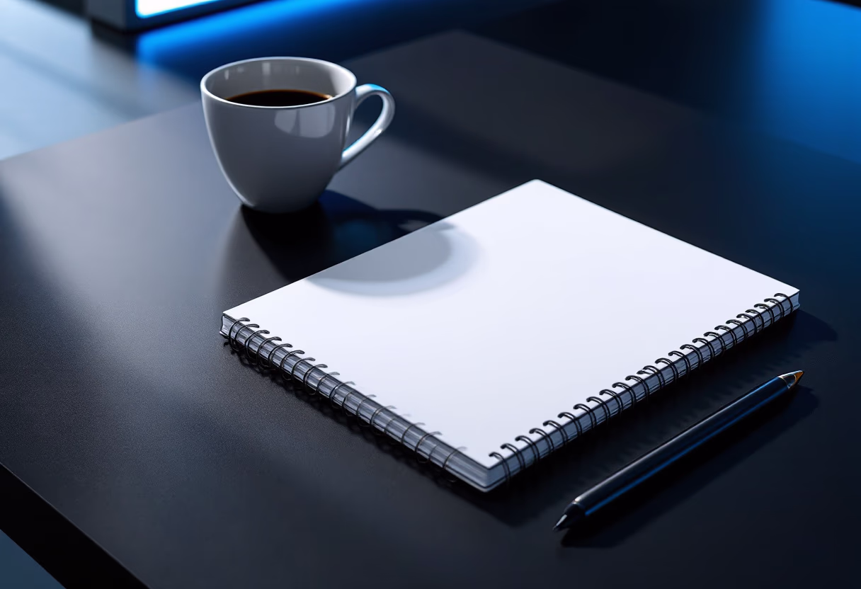 image of a notebook and coffee cup on a table (for a productivity tools business)