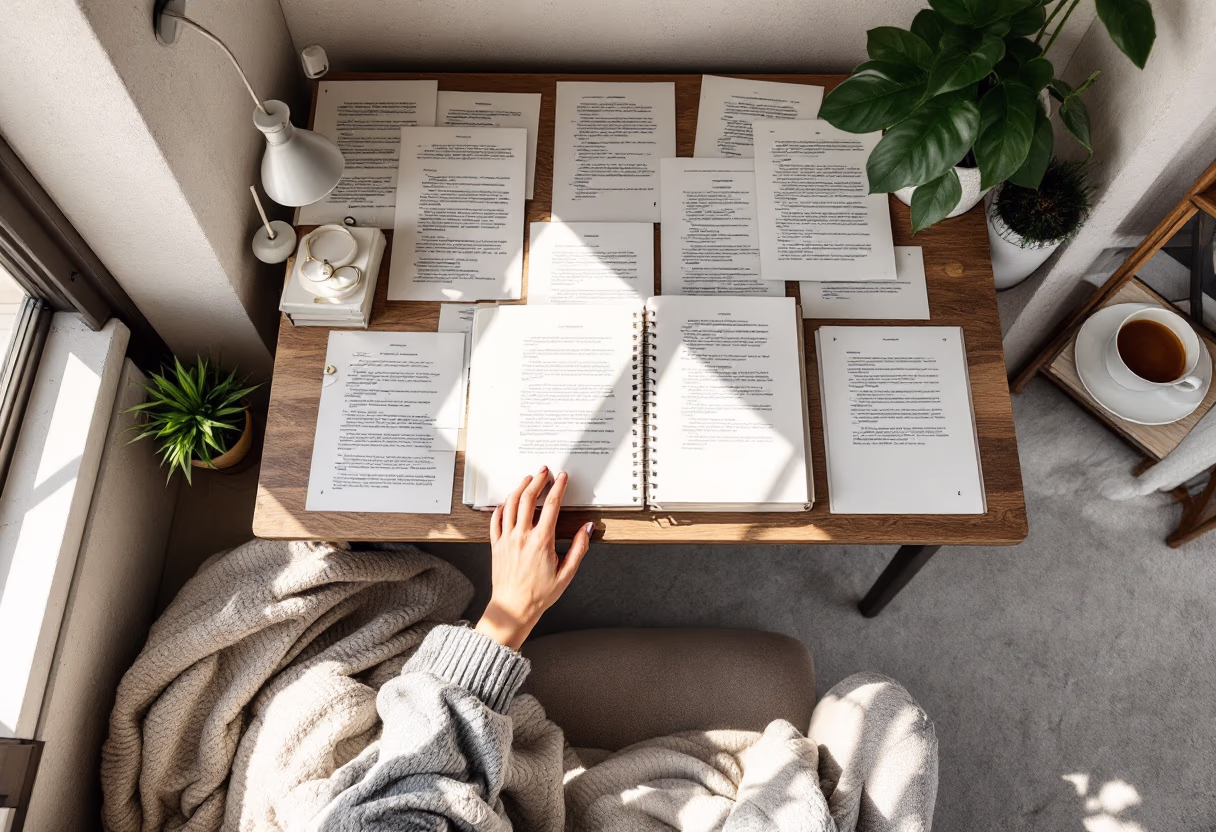 a writer’s cozy workspace with manuscripts