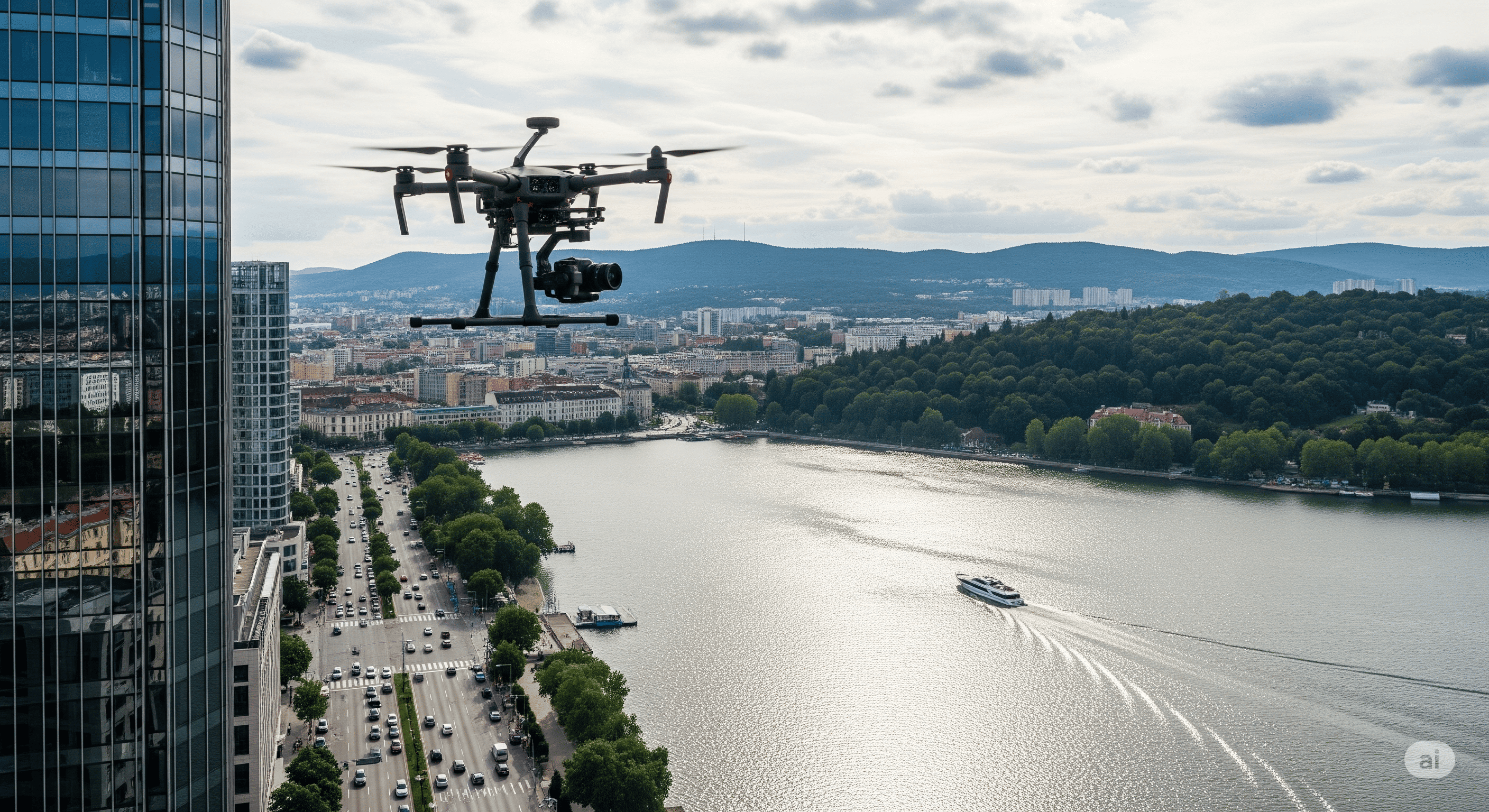 Drone en ville près d'un gratte ciel
