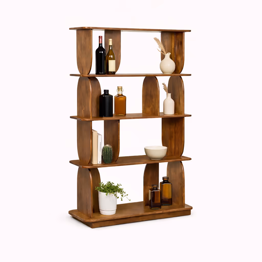A modern geometric bookshelf with plants and bottles against a white background