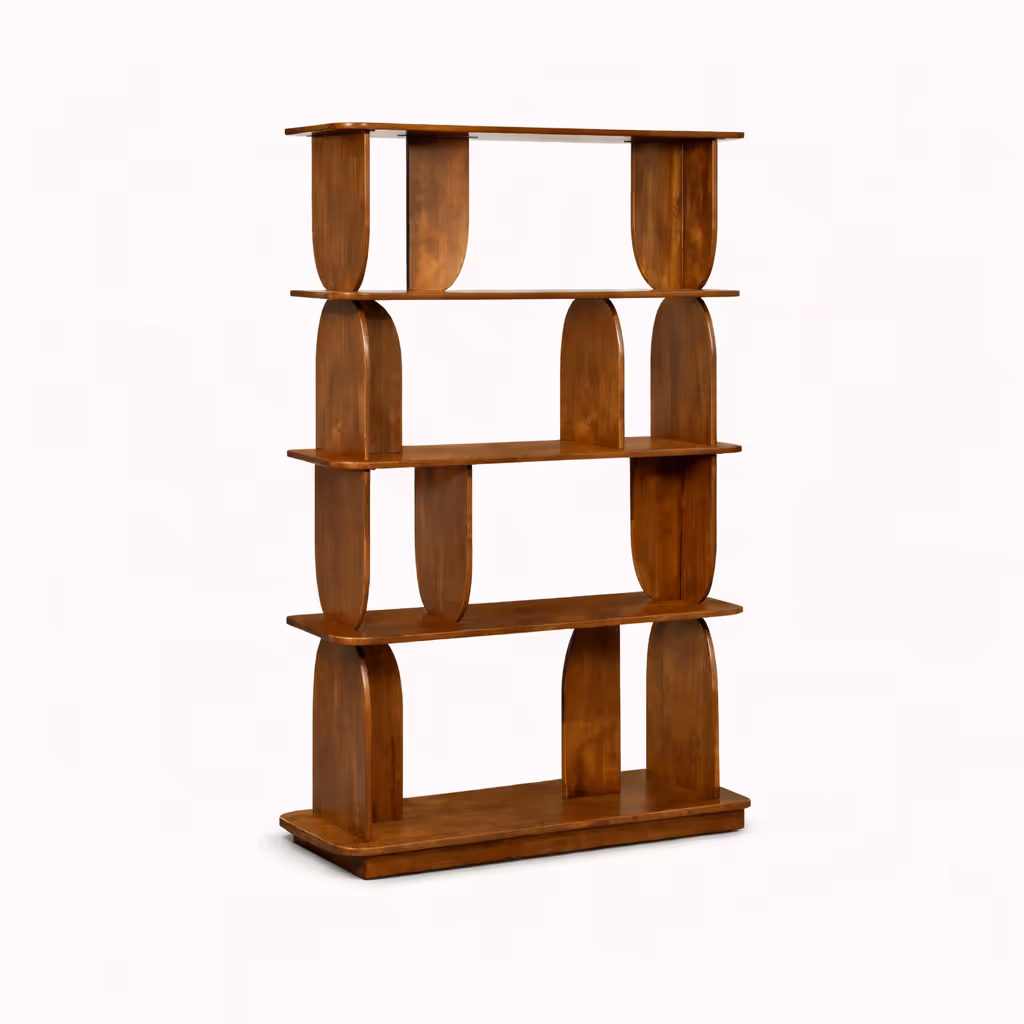 A modern geometric bookshelf against a white background