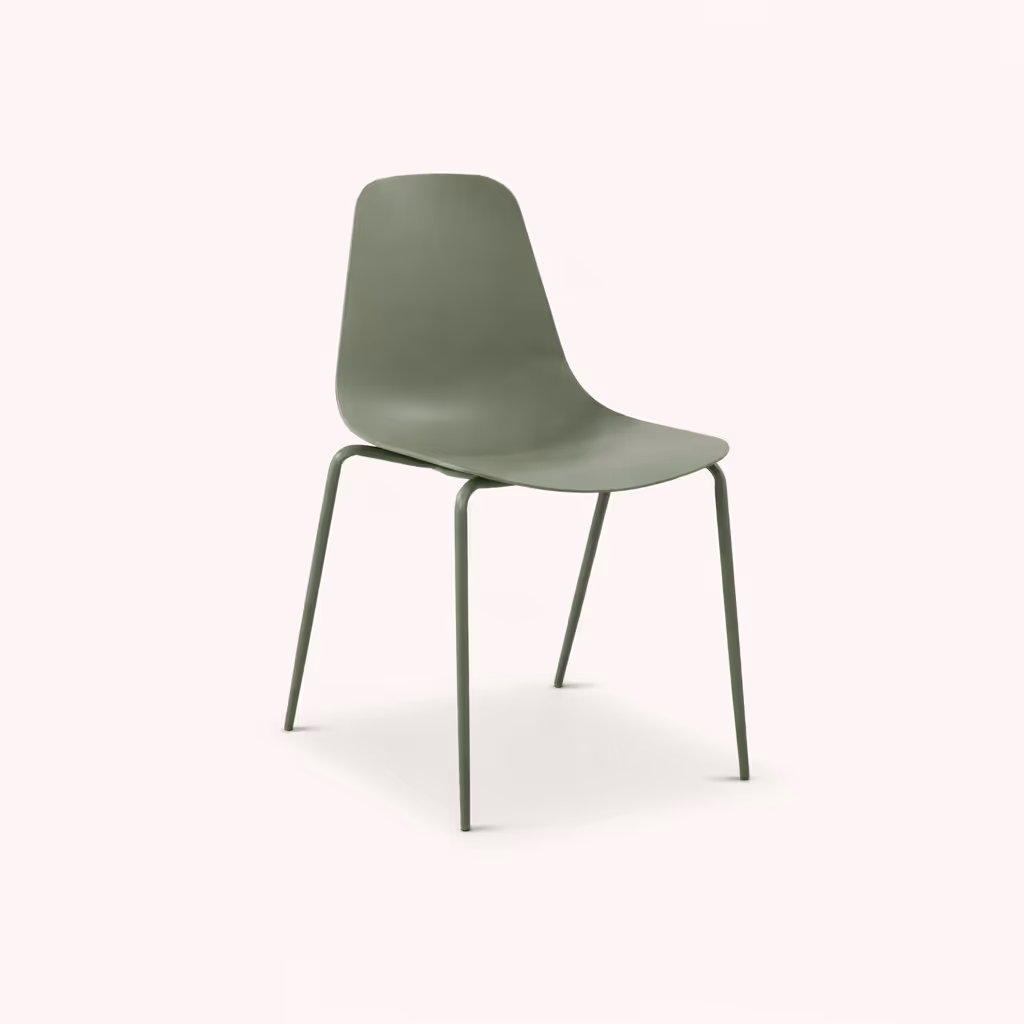 A stackable plastic dining chair in green against a white background