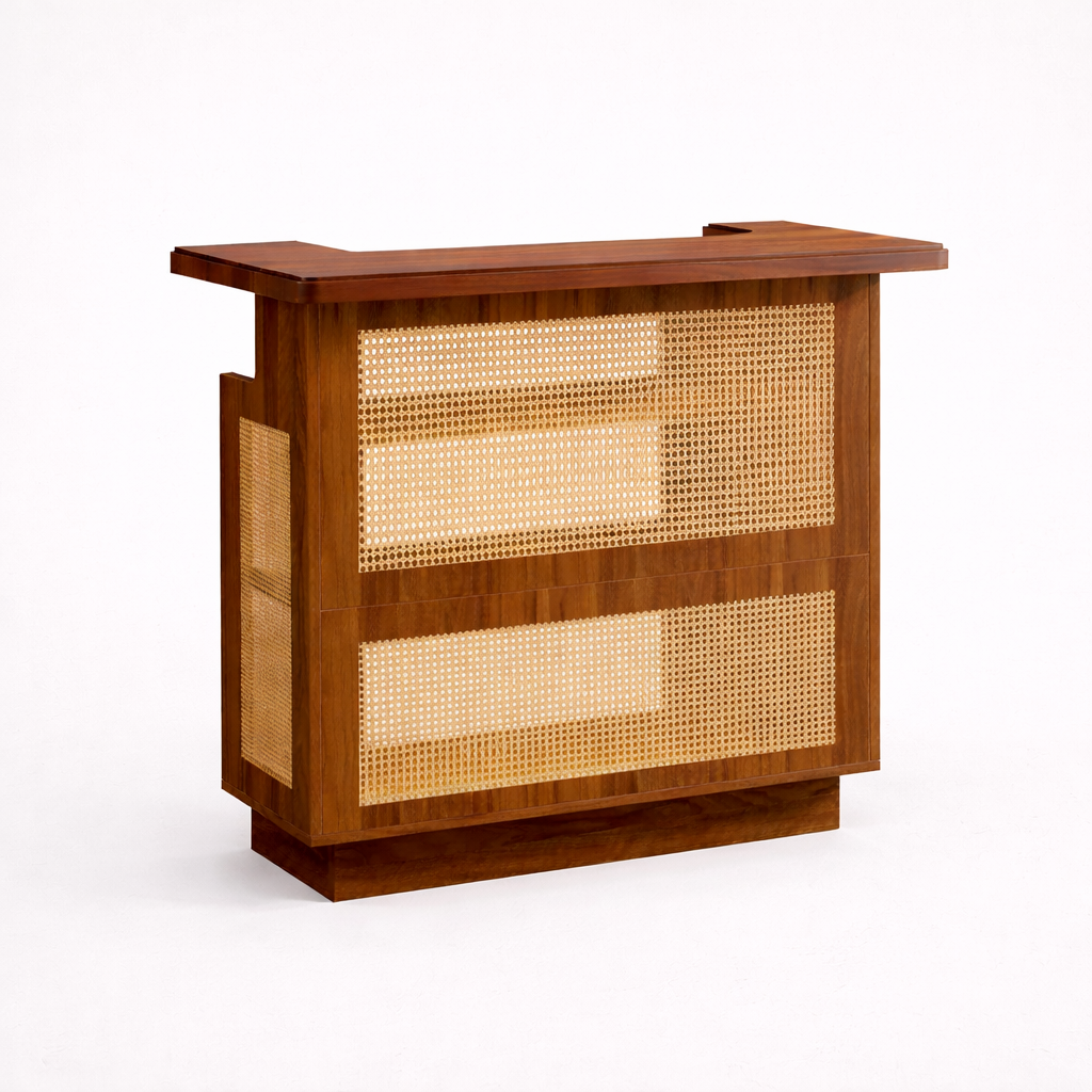 A walnut bar with rattan material against a white background.