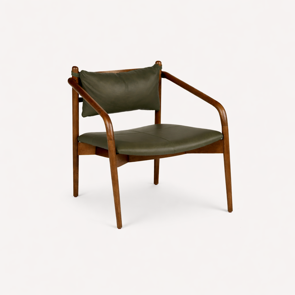 A simple wooden armchair with olive green leather upholstery on a white background.