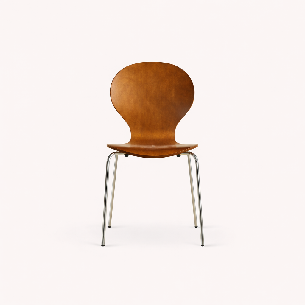 A walnut wooden chair with metal legs against a white background.