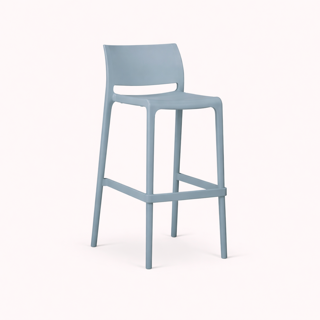 A plastic baby blue bar stool against a white background.