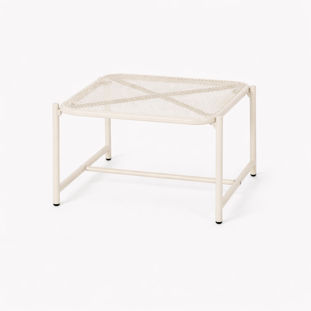 A white mesh outdoor side table against a white background.
