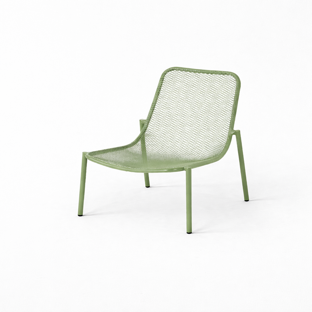 A green mesh outdoor lounge chair against a white background.