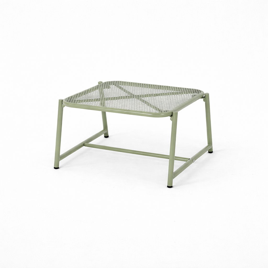 A green mesh outdoor side table against a white background