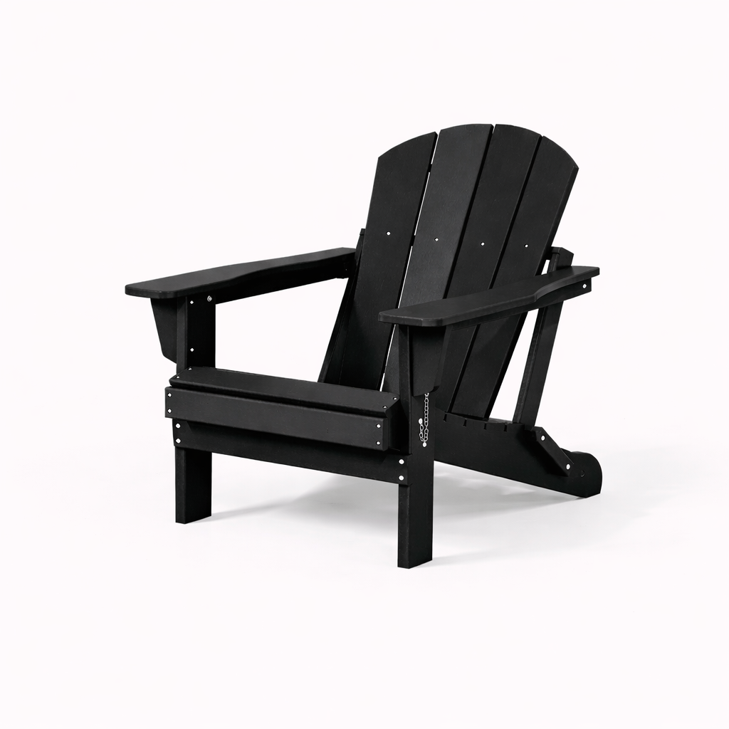 A black Adirondack chair against a white background.