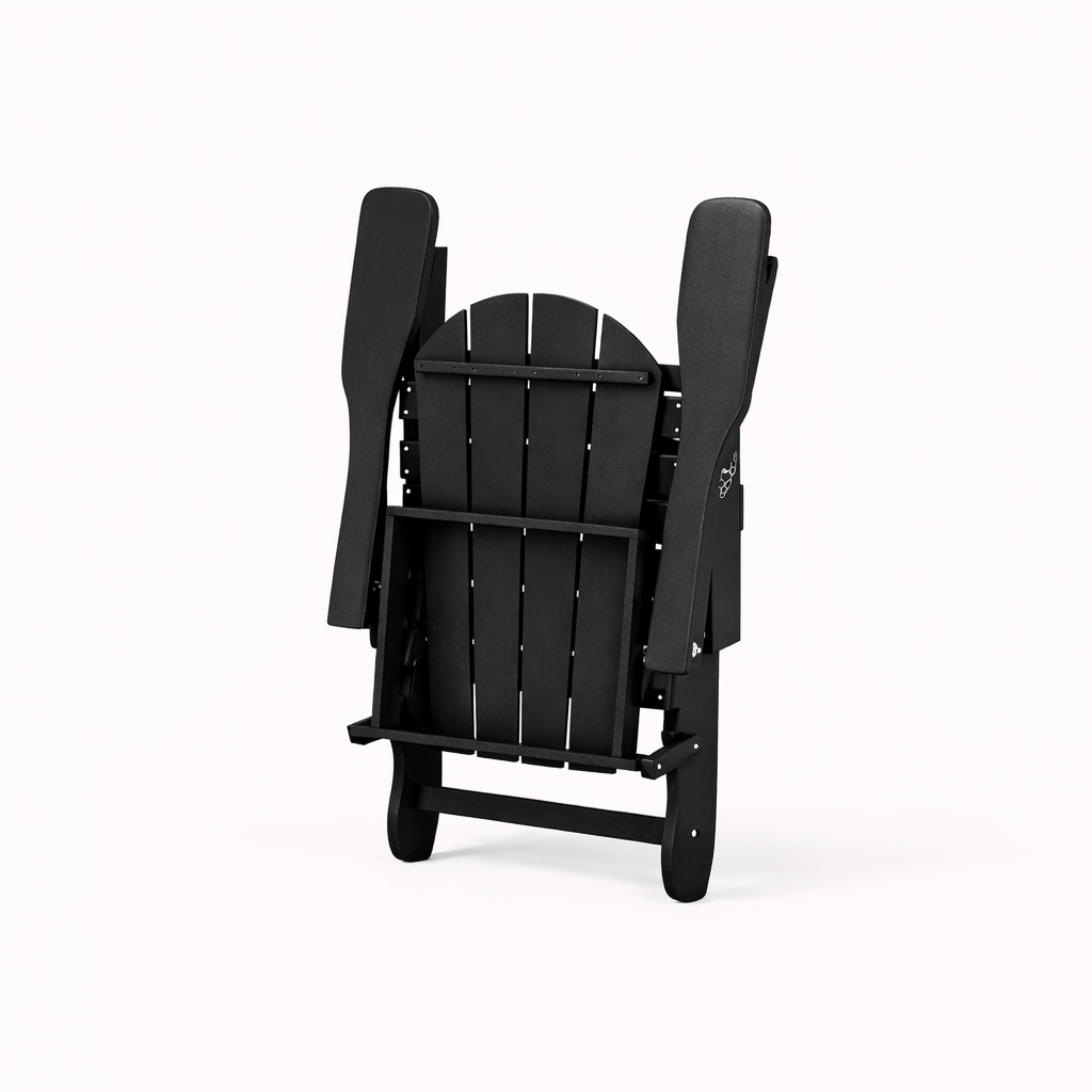 A black Adirondack chair folded against a white background.