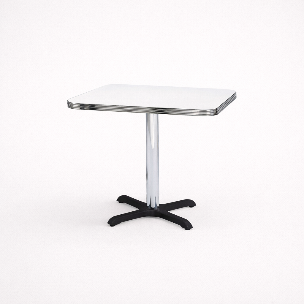 A retro white square diner table against a white background.