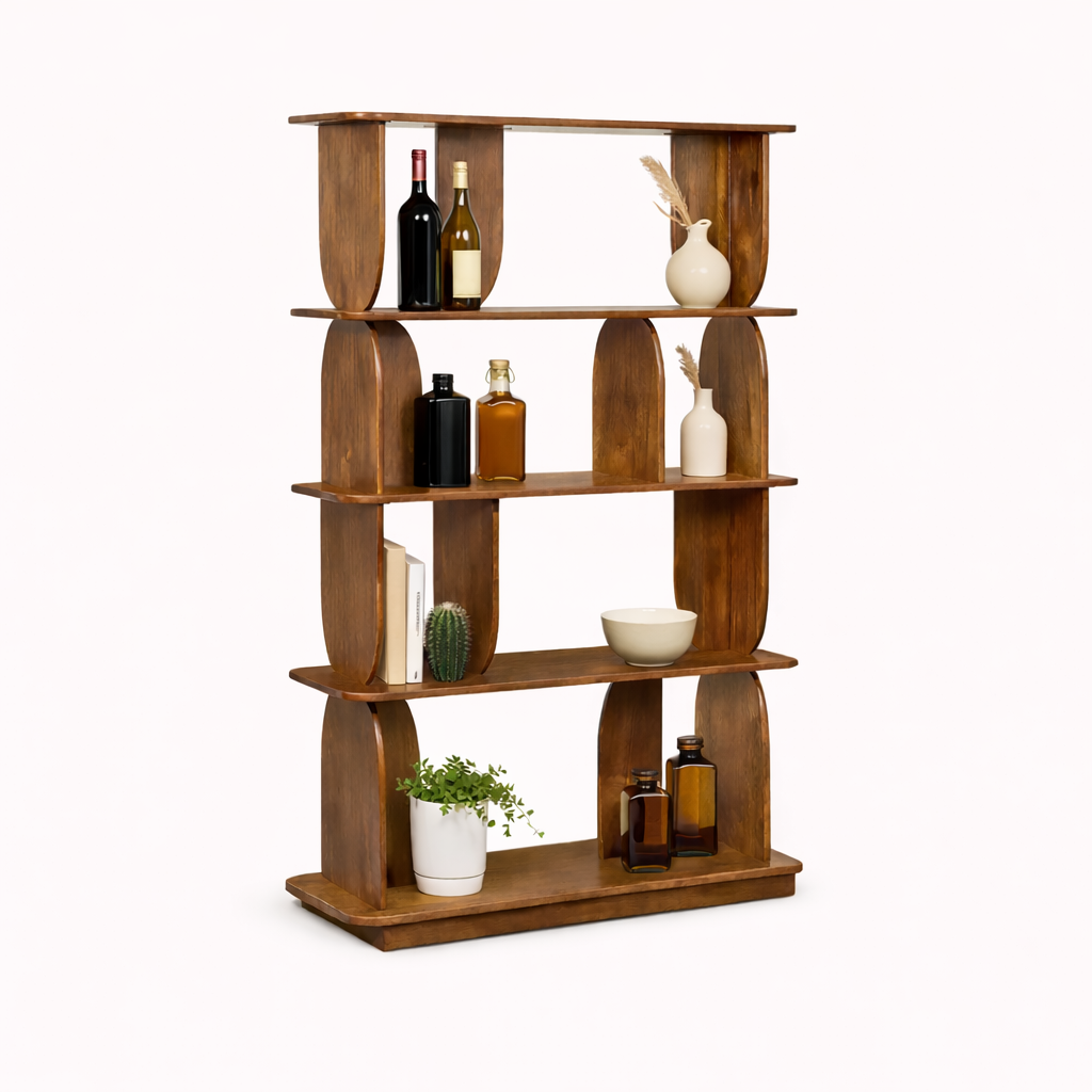 A geometric shelving unit with bottles and plants against a white background.
