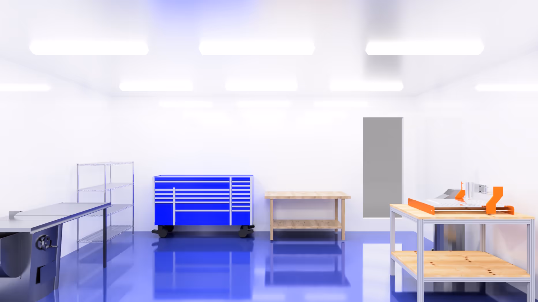 work shop with cnc, workbench, Blue toolbox and table saw. Needs accessories to make it work.
