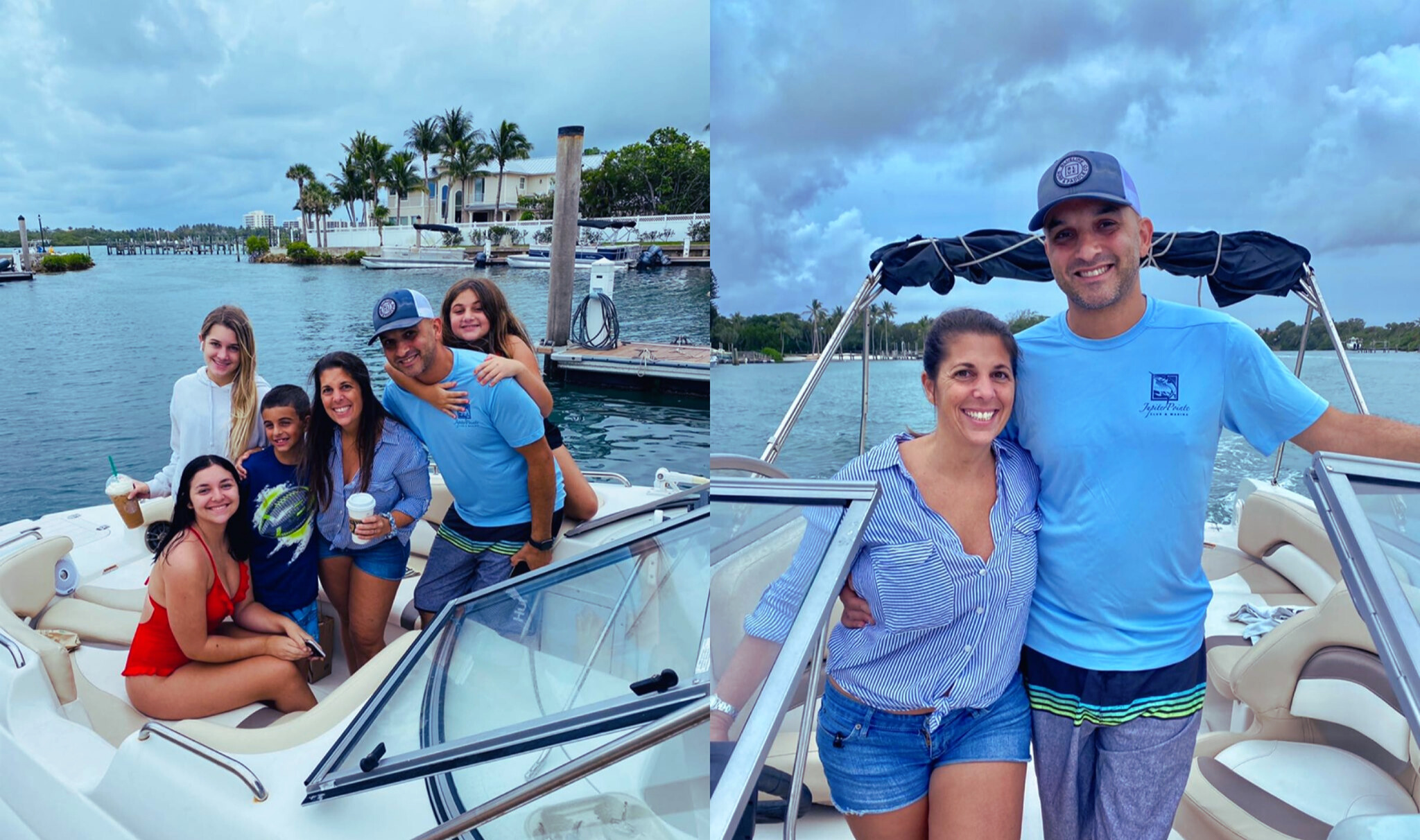 Kris Torres smiling with family on a boat in a scenic marina