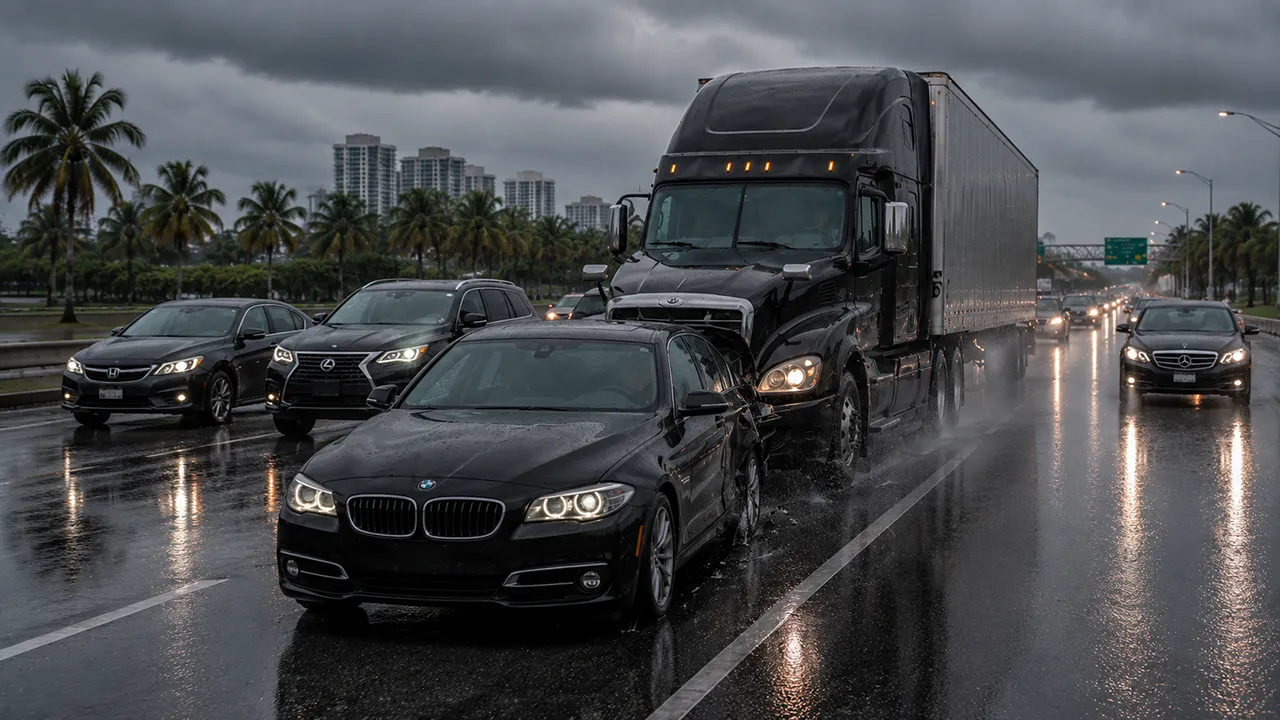 A damaged passenger vehicle rear ended by a commercial truck in Florida truck accident, Kris Torres Injury Law personal injury attorney
