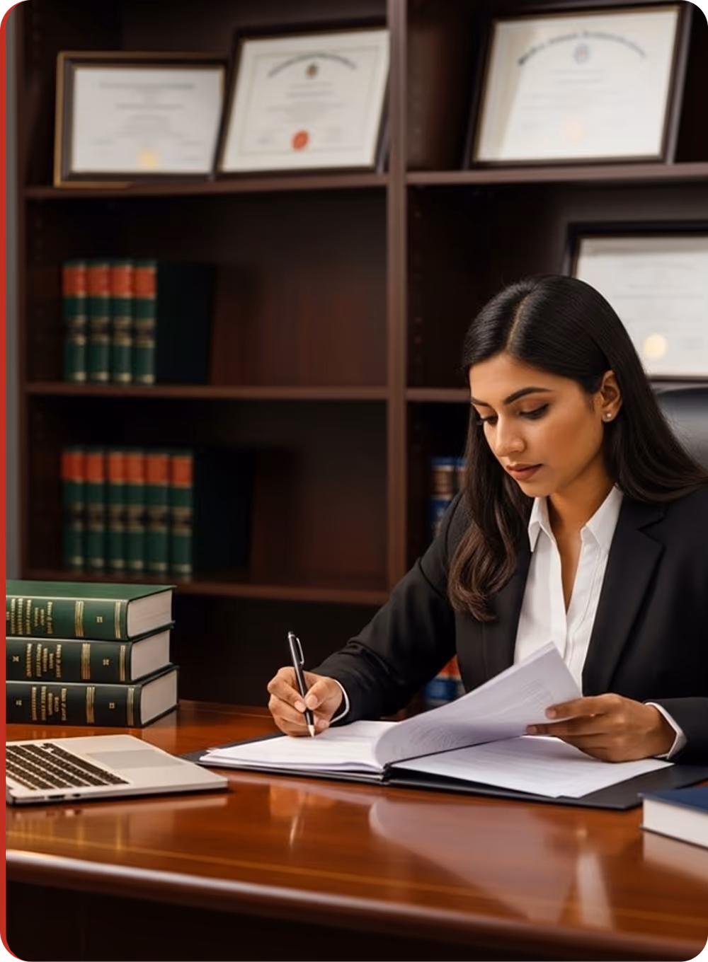 Professional woman in business attire reviewing documents and writing at a wooden desk with legal books and certificates in the background.