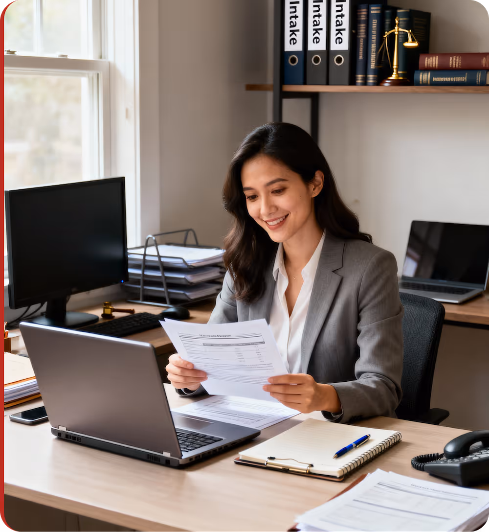 Smiling businesswoman in a gray blazer reviewing documents at her office desk with a laptop and folders.