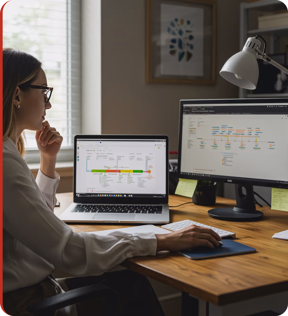 Woman wearing glasses working on a laptop and desktop computer displaying flowcharts in a home office setup.