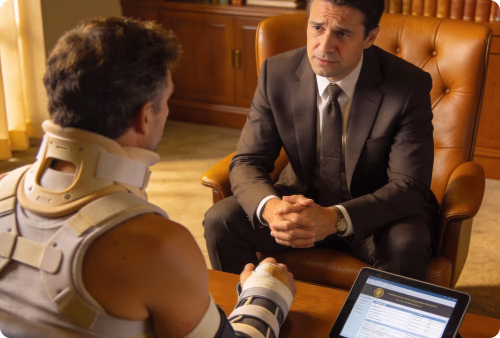 Man in a suit attentively talking to an injured man wearing a neck brace and arm splint in an office setting.