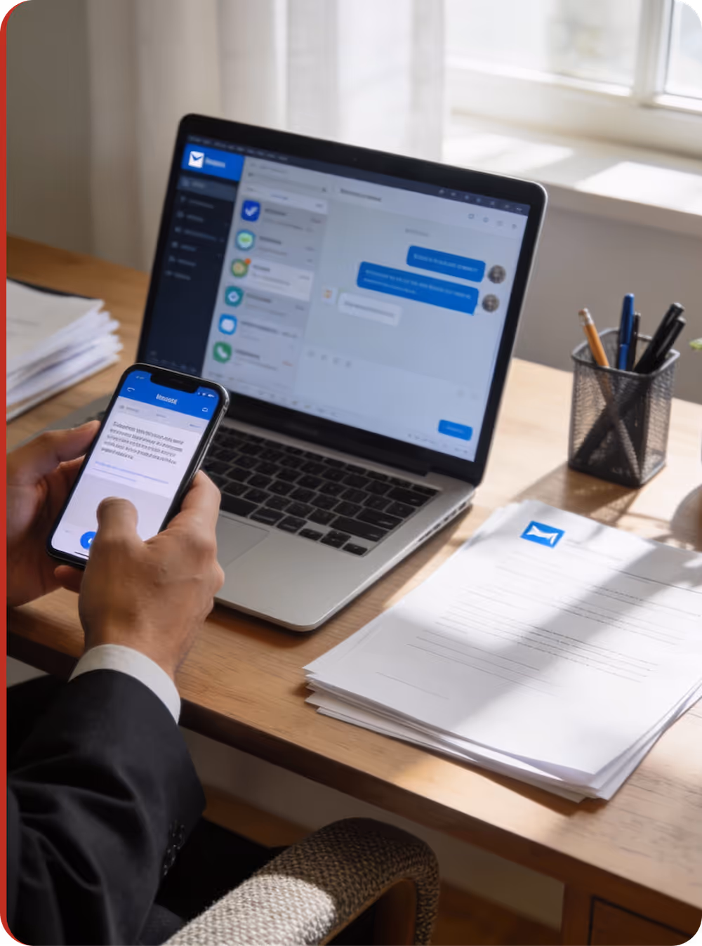 Person using a smartphone and a laptop with message apps open on both devices at a wooden desk with papers and a pen holder.