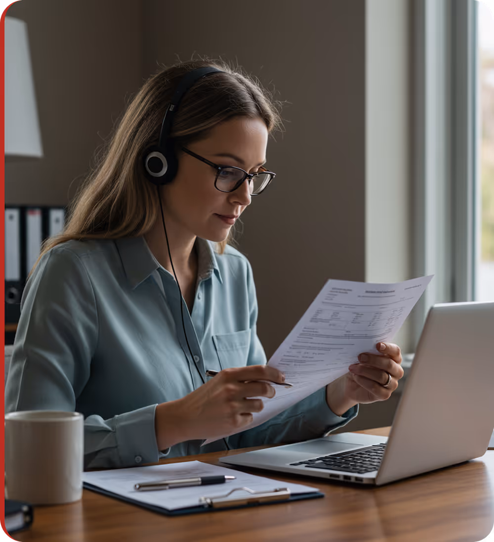 Woman wearing glasses and headphones reviewing a document at a desk with a laptop and coffee mug.