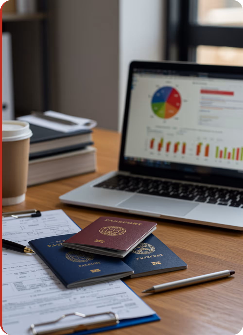 Three passports lying on a desk with a laptop displaying charts, a clipboard with forms, a pen, and a coffee cup in the background.