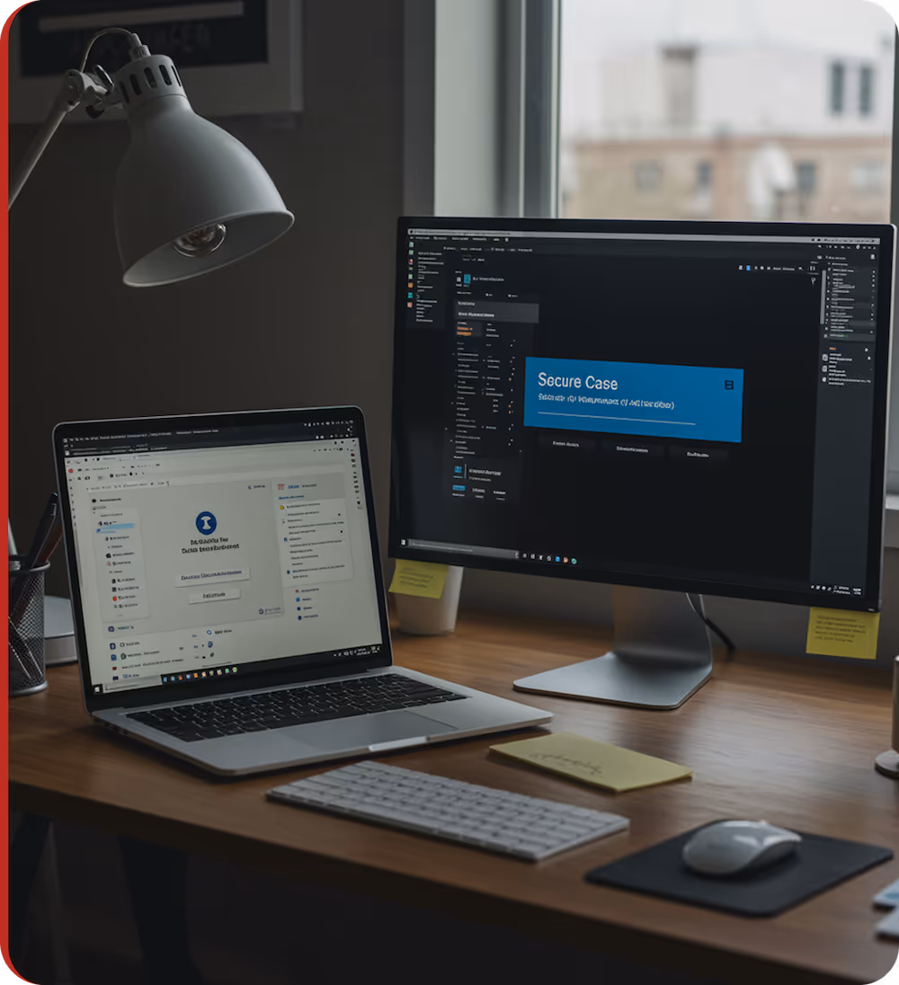 Desk setup with a laptop displaying a secure login screen and a monitor showing a 'Secure Case' application, with a keyboard, mouse, lamp, and sticky notes.