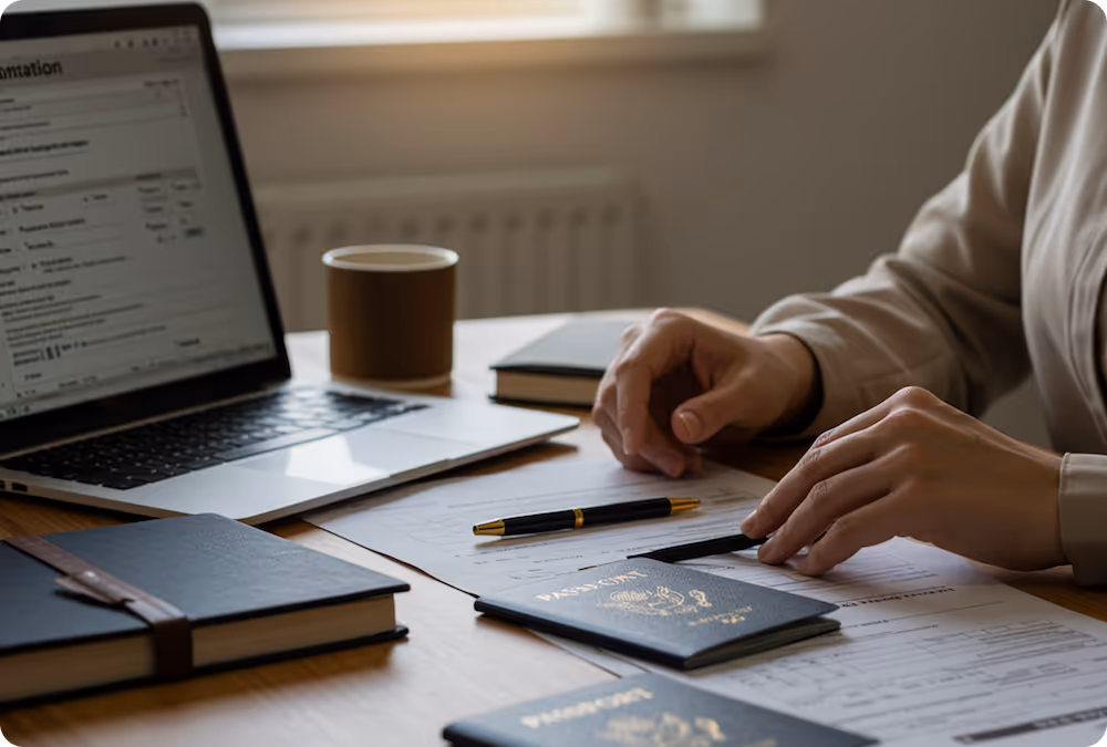 Person filling out forms on a desk with passports, a pen, notebooks, and an open laptop nearby.