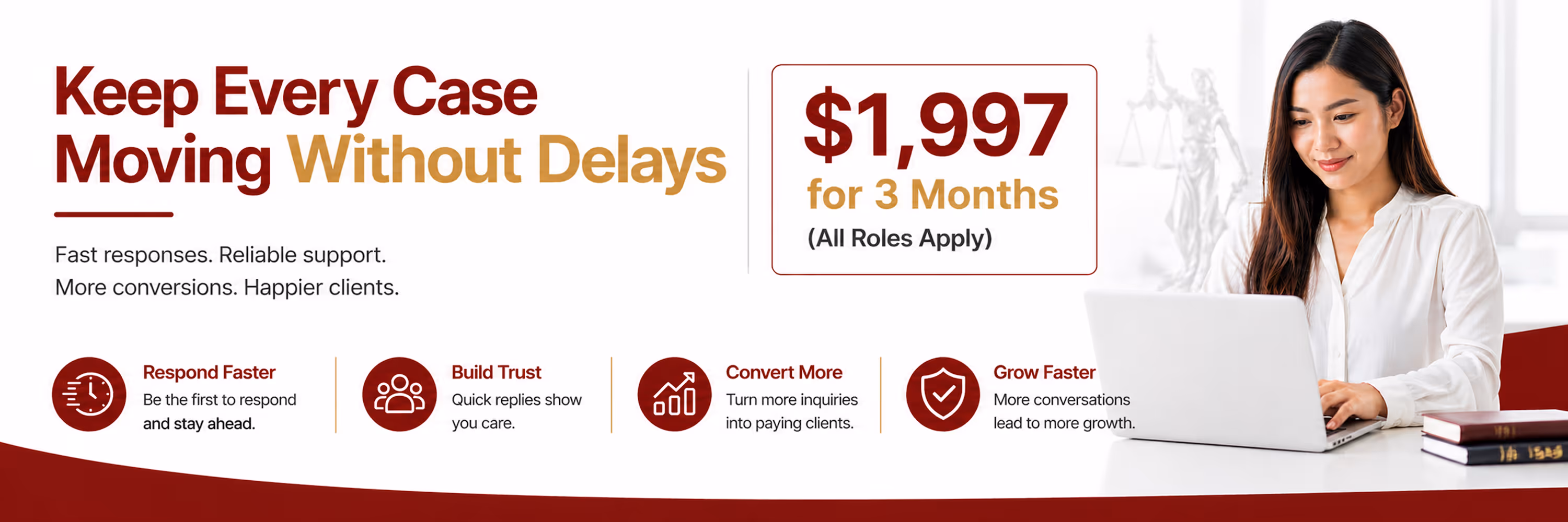 Ad offering $1,997 for 3 months to keep every case moving without delays with benefits like faster responses, building trust, converting more clients, and growing faster, shown alongside a woman working on a laptop.