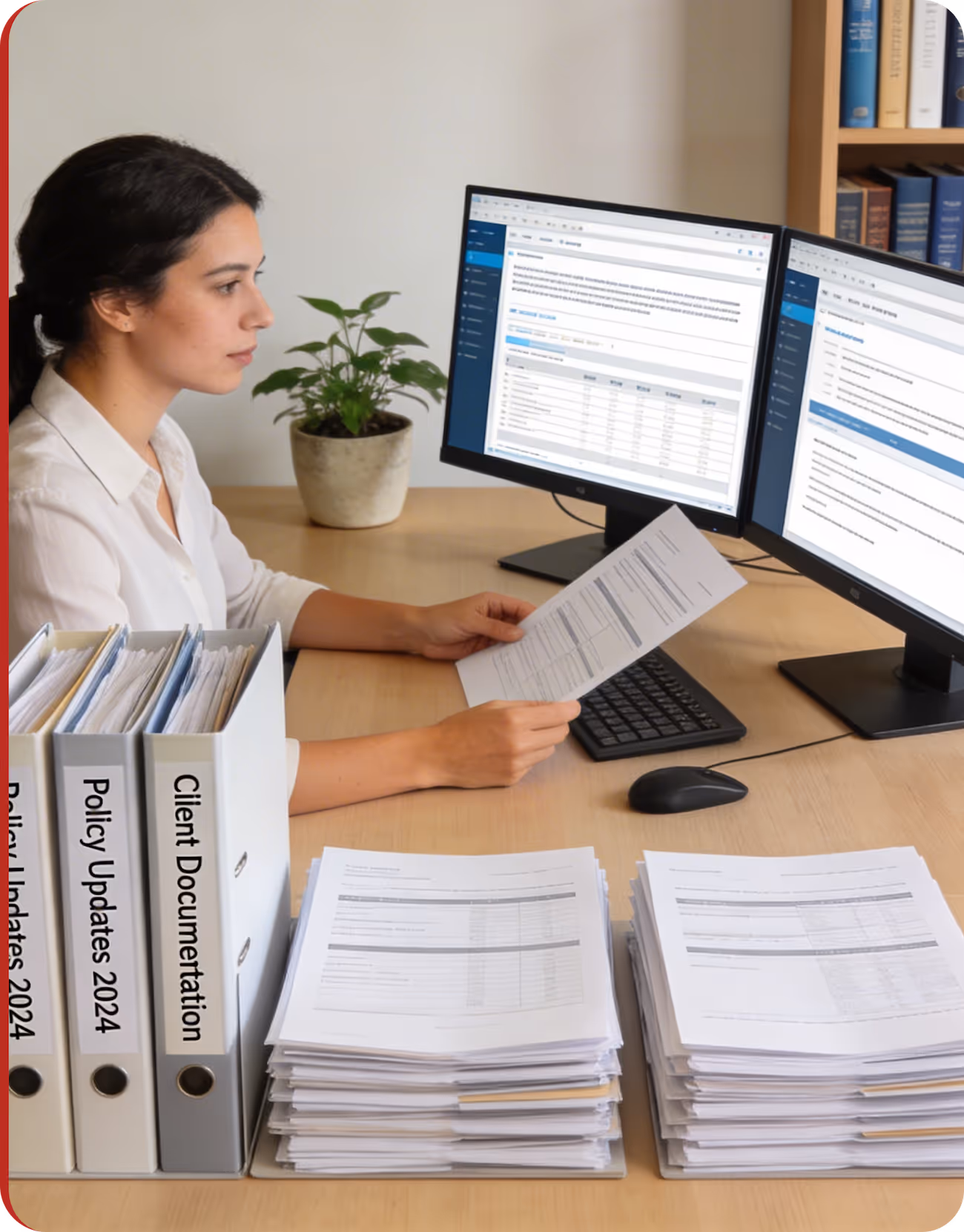 Woman sitting at desk reviewing documents with two computer monitors and labeled binders for Client Documentation, Policy Updates 2024, and Policy Updates 2024.