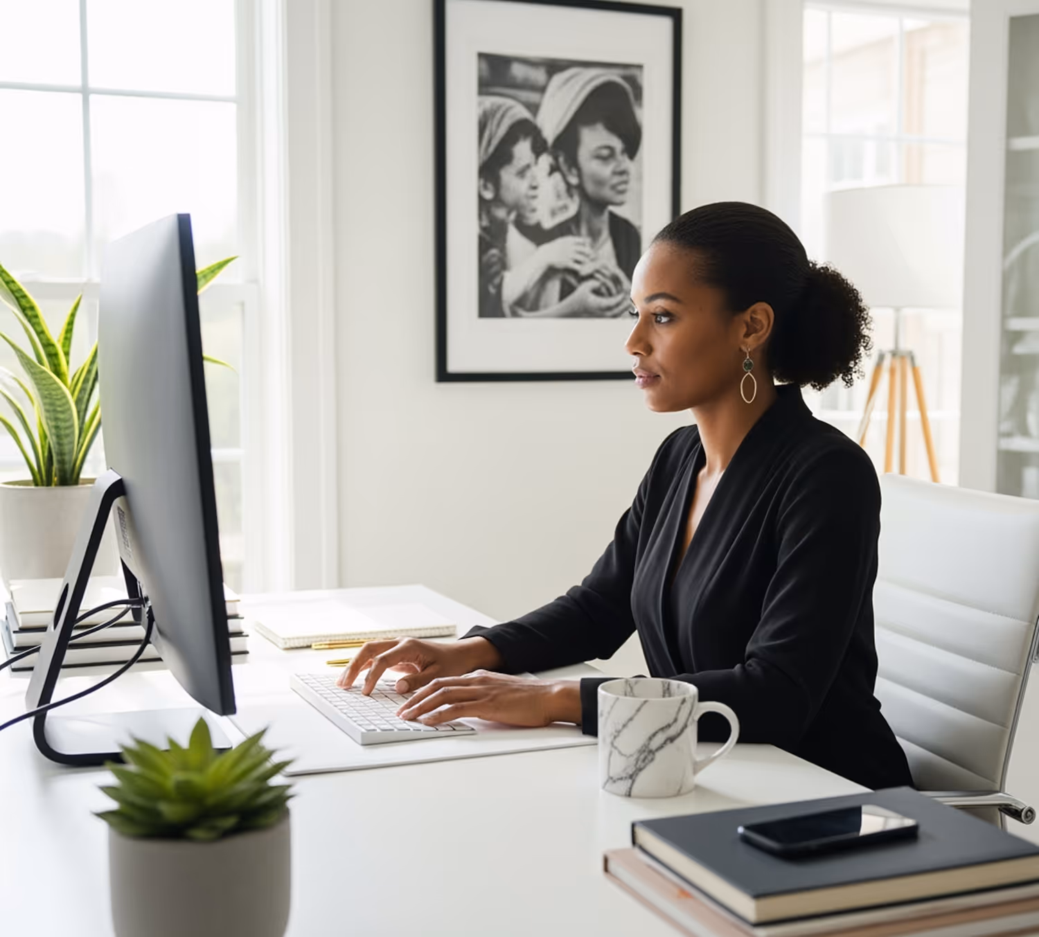 Woman in black blouse working on a desktop computer at a white desk in a bright office with plants and framed picture.