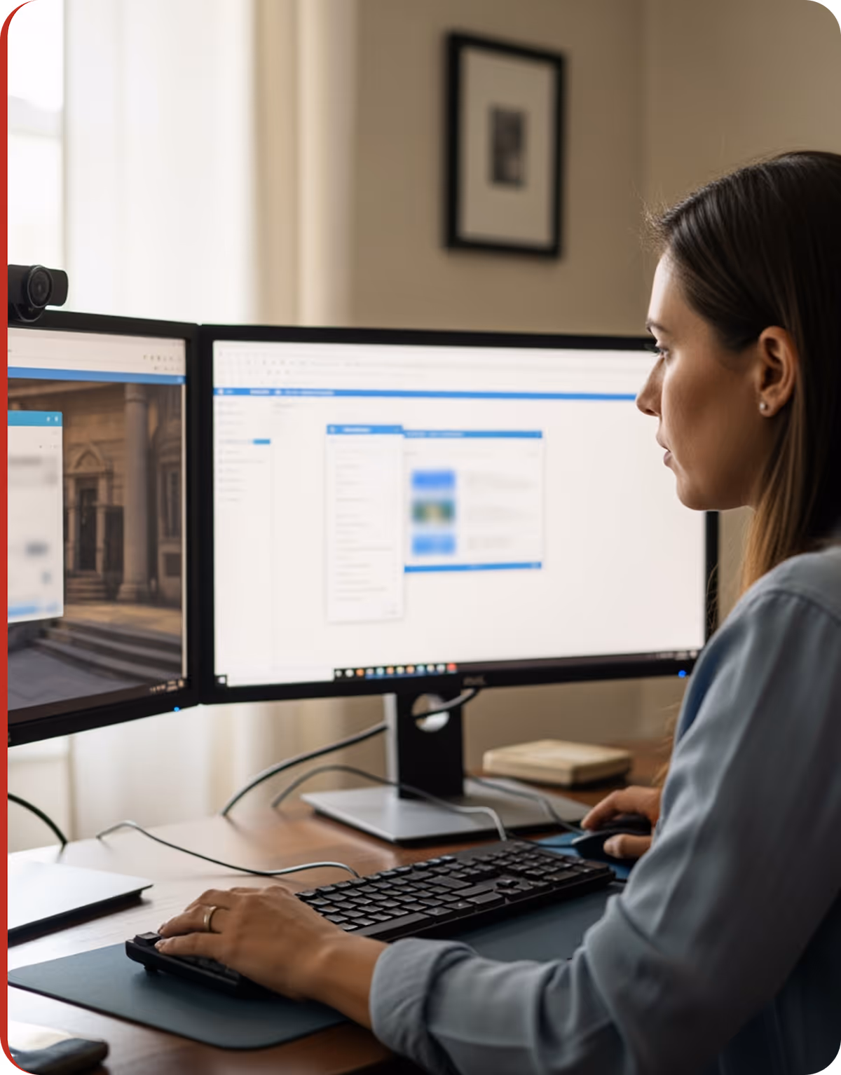 Woman focused on working with dual monitors displaying software and web content on a wooden desk.