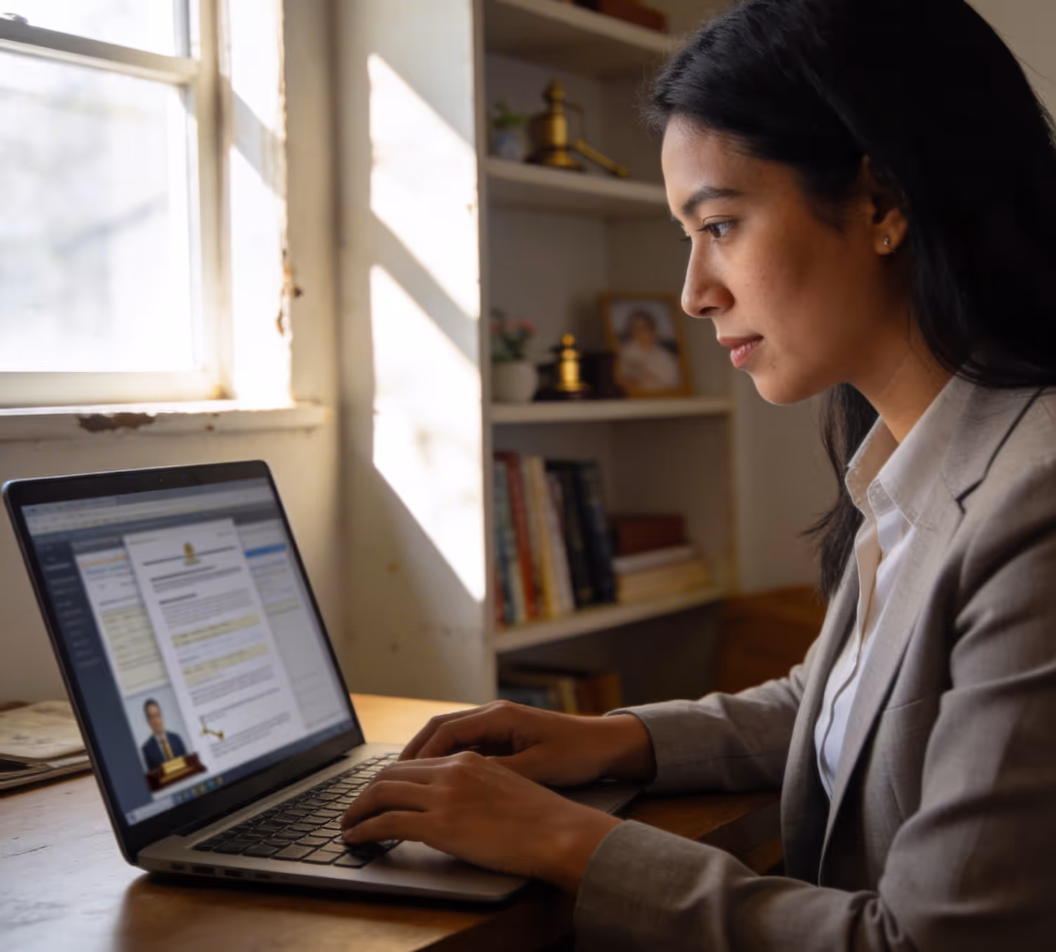 Woman in business attire working on a laptop at a wooden desk near a window with bookshelves in the background.