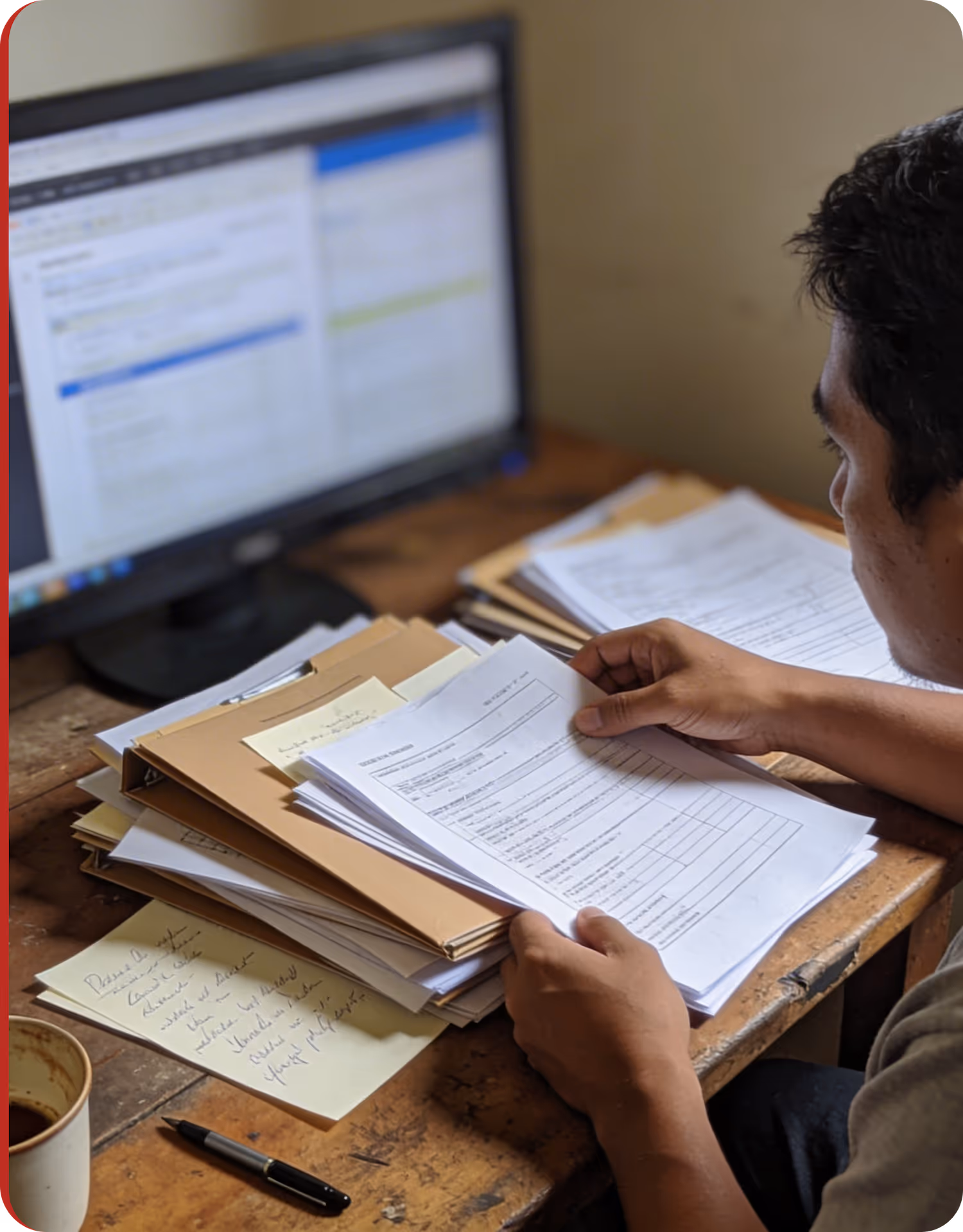 Person sitting at a wooden desk reviewing paperwork with a computer monitor in the background and a coffee cup and pen nearby.