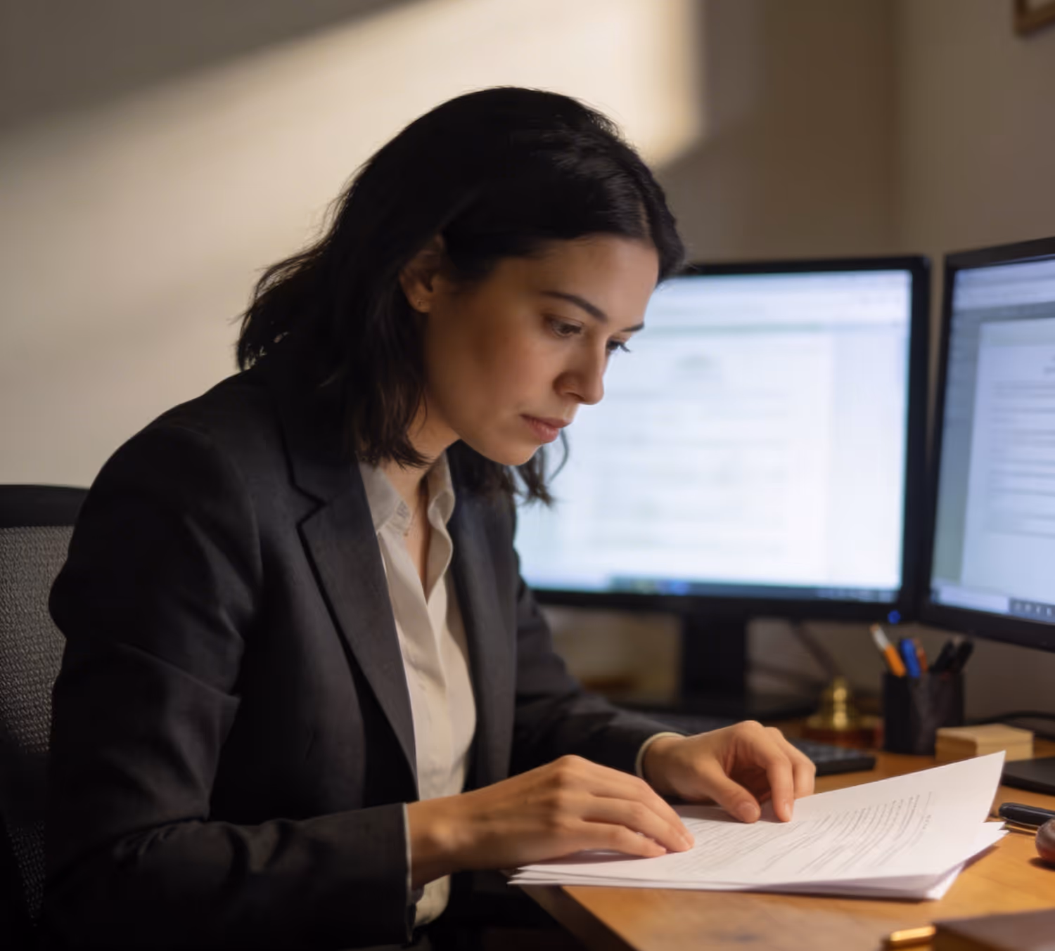 Focused woman in business attire reviewing documents at a desk with two computer monitors in the background.