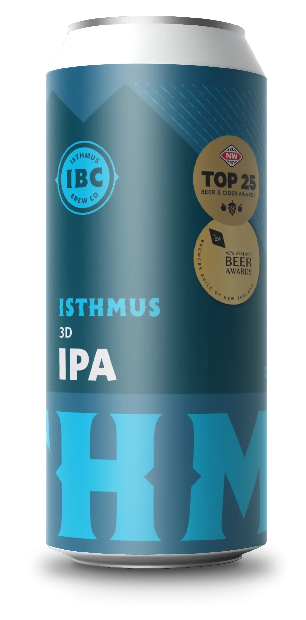 A blue can of Isthmus 3D IPA beer from Isthmus Brew Co, featuring gold award badges for "Top 25 Beer &amp; Cider Awards" and "The New Zealand Beer Awards" on the upper right.